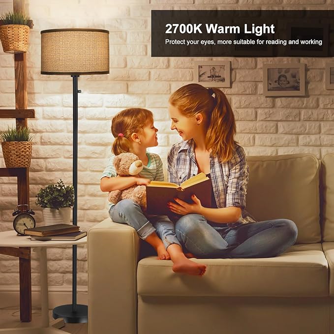 Floor Lamps for Living Room, Stepless Dimmable Standing Lamp, Modern Floor Lamp with Rotary Switch, Gray Linen Shade, 9W Led Bulb Included(1000LM,2700K), Tall Lamp for Bedroom, Office, Farmhouse - LeafyLoom