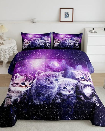 Cat Comforter Cute Pet Cats Pattern Bedding Set Outer Space Kawaii Kitten Comforter Set for Children Kids Boys Girls Cartoon 3D Animal Theme Galaxy Duvet Set Purple Room Decor Quilt Set King Size - LeafyLoom