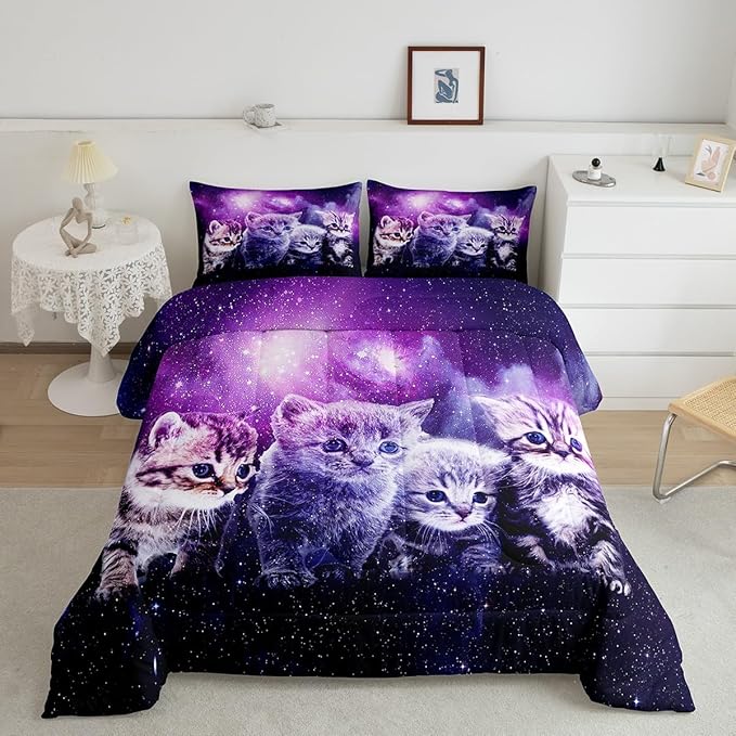 Cat Comforter Cute Pet Cats Pattern Bedding Set Outer Space Kawaii Kitten Comforter Set for Children Kids Boys Girls Cartoon 3D Animal Theme Galaxy Duvet Set Purple Room Decor Quilt Set Queen Size - LeafyLoom