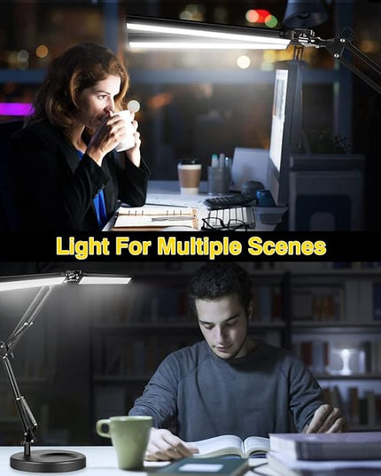 2-in-1 LED Double Head Desk Lamps for Home Office, 24W Brightest Workbench Light, Architect Lamp with Clamp & Base, 3 Colors 10 Dimming Swing Arm Lamp for Reading/Study/Computer Light - LeafyLoom