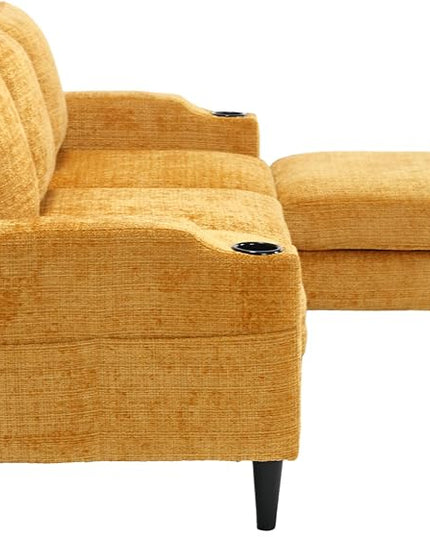 Convertible Sectional Sofa with Movable Storage Ottoman and Cupholders, 3 Seater L-Shaped Corner Couch,Chenille Upholstered Furniture w/Detachable Thicked Cushions for Living Room, Small Space - LeafyLoom
