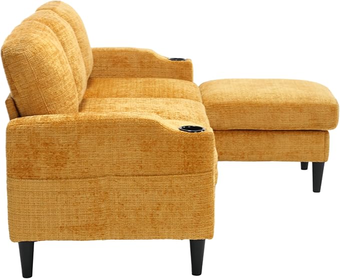 Convertible Sectional Sofa with Movable Storage Ottoman and Cupholders, 3 Seater L-Shaped Corner Couch,Chenille Upholstered Furniture w/Detachable Thicked Cushions for Living Room, Small Space - LeafyLoom