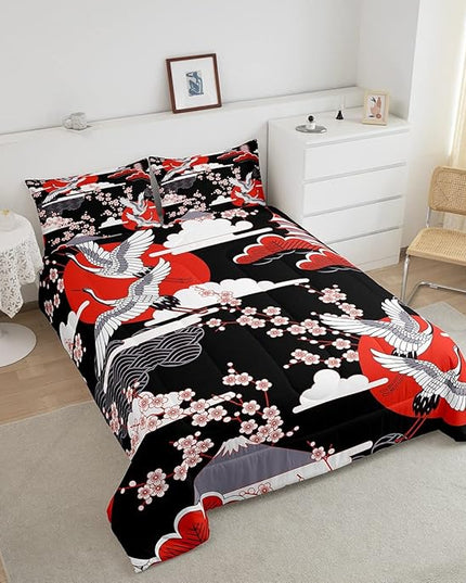 Japanese-Style Comforter Set Full Size Crane Printed Cherry Blossoms Decor Down Comforter, for Adult Women Girls Teens Japanese Traditional Pattern Quilted Duvet Ukiyoe Theme Bedding Comforters - LeafyLoom