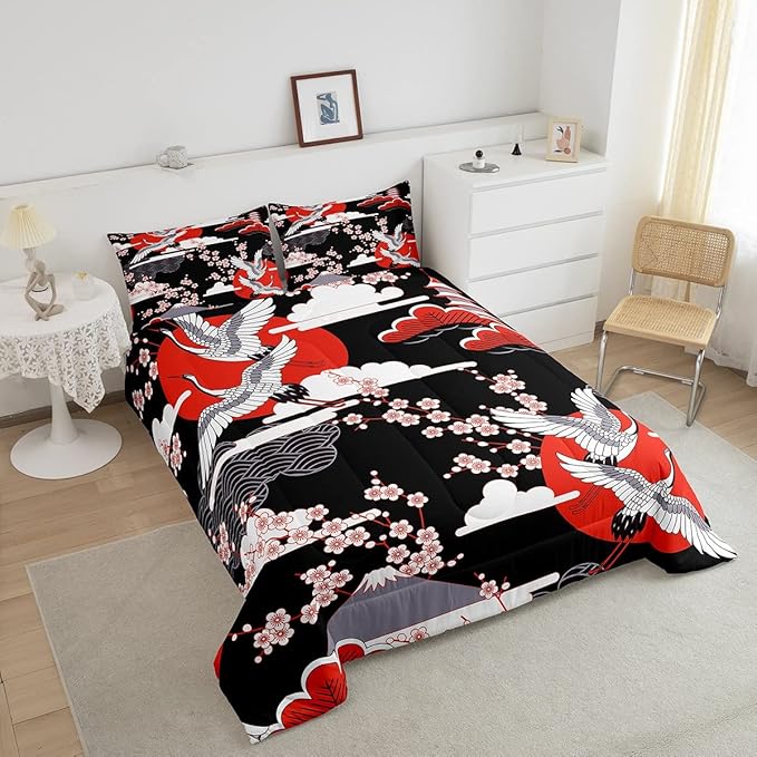 Japanese-Style Comforter Set Full Size Crane Printed Cherry Blossoms Decor Down Comforter, for Adult Women Girls Teens Japanese Traditional Pattern Quilted Duvet Ukiyoe Theme Bedding Comforters - LeafyLoom