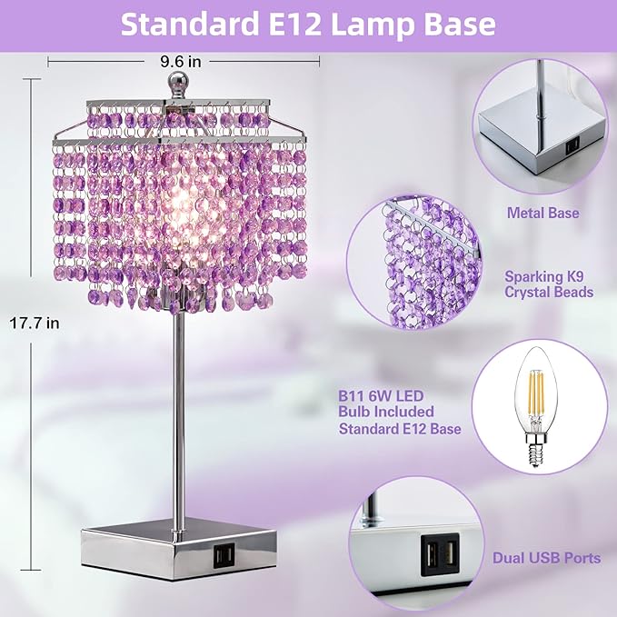 Luvkczc Bedside Crystal Table Lamp, Touch Crystal Lamps with USB C+A Ports, 3-Way Dimmable Purple Lamp with Crystal Shade for Girl Bedroom, Living Room, 6W B11 Bulb Included - LeafyLoom