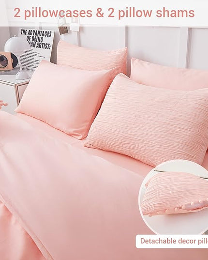 8 Piece Woven Texture Pink Comforter Set Queen, Bed in a Bag Bedding Sets Queen with Comforter and Sheets, Soft Lightweight Comforter Set with Deocor Throw Pillow, Pink - LeafyLoom