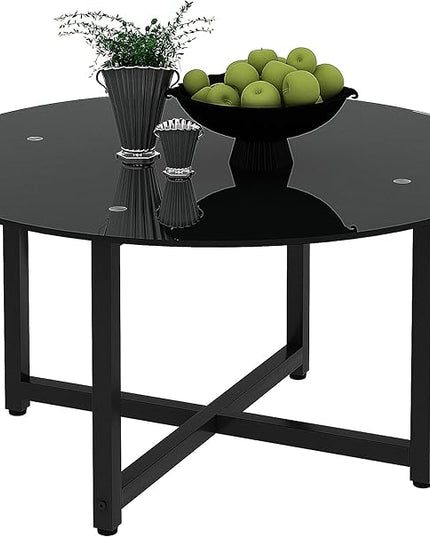 NicBex Coffee Table Modern Tempered Glass Coffee Table with Storage Round Center Tables with Metal Legs Dining Table for Living Room, Dining Room, Office, and Bedroom,35.44" W, Black - LeafyLoom
