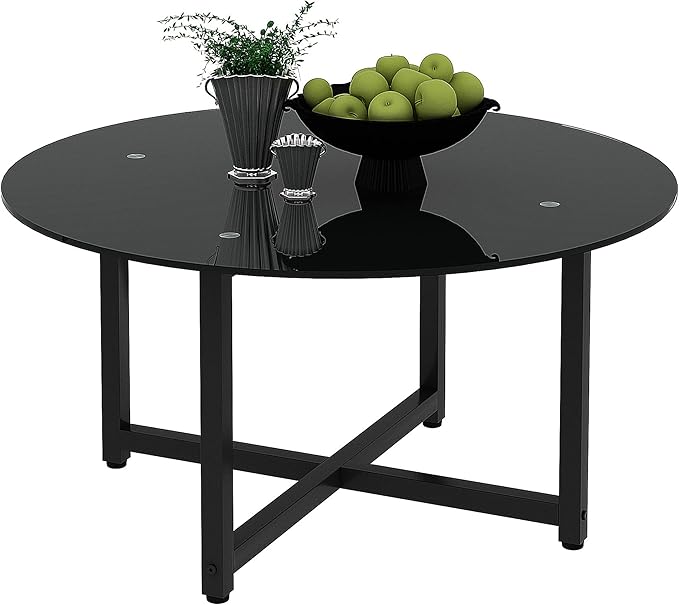 NicBex Coffee Table Modern Tempered Glass Coffee Table with Storage Round Center Tables with Metal Legs Dining Table for Living Room, Dining Room, Office, and Bedroom,35.44" W, Black - LeafyLoom