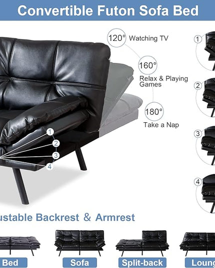 MUUEGM Futon Sofa Bed Convertible Memory Foam Sleeper Couch,Modern Faux Leather Daybed Love seat for Living Room Office Apartment Small Space,Adjustable Arm&Back,71" Sofabed, Black - LeafyLoom