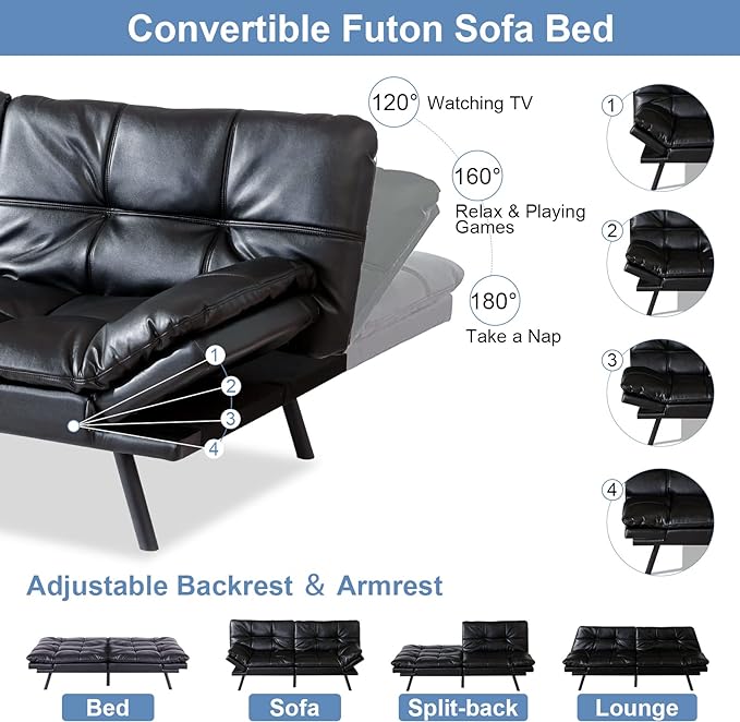MUUEGM Futon Sofa Bed Convertible Memory Foam Sleeper Couch,Modern Faux Leather Daybed Love seat for Living Room Office Apartment Small Space,Adjustable Arm&Back,71" Sofabed, Black - LeafyLoom