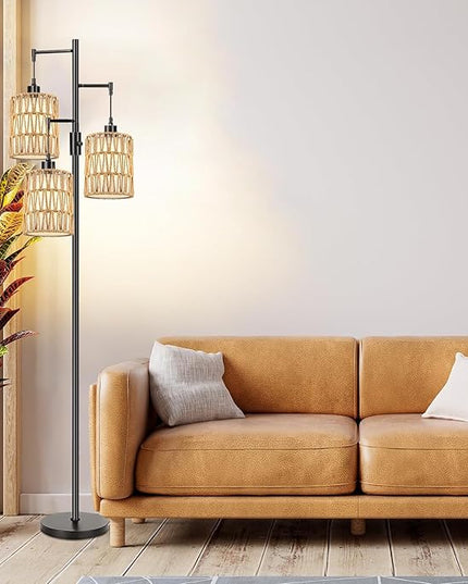 Dimmable Floor Lamp for Living Room with 3 Rattan Boho Shades,Farmhouse Floor Lamps with Three Led Bulb, Boho Rustic Standing Lamp Black Tree Tall Floor Pole Lamp for Living Bedroom,Office,Corner - LeafyLoom