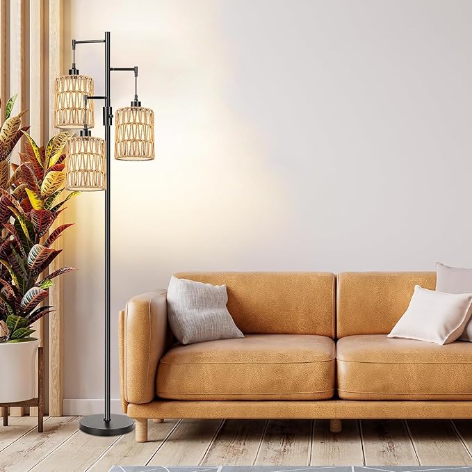 Dimmable Floor Lamp for Living Room with 3 Rattan Boho Shades,Farmhouse Floor Lamps with Three Led Bulb, Boho Rustic Standing Lamp Black Tree Tall Floor Pole Lamp for Living Bedroom,Office,Corner - LeafyLoom
