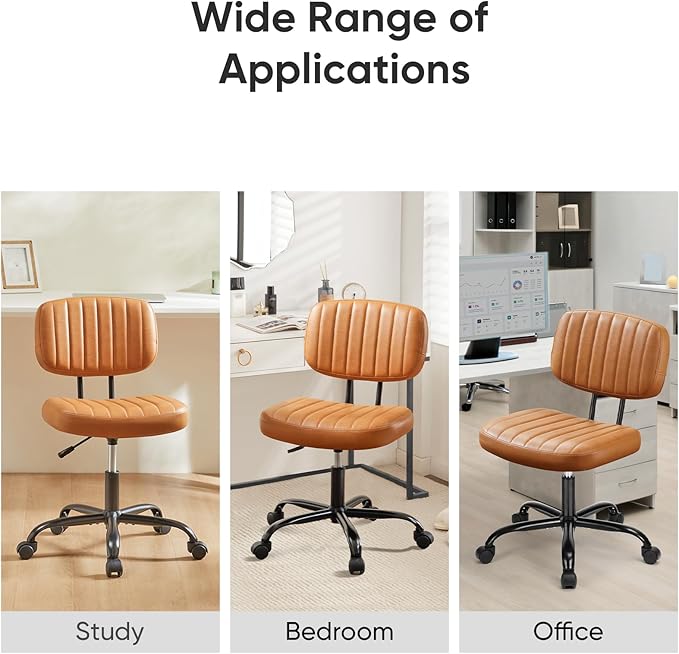 DUMOS Armless Home Office Chair Ergonomic Desk with Comfy Low Back Lumbar Support, Height Adjustable PU Leather Computer Task with 360° Swivel Wheels, for Small Space, Kids and Adults, Brown - LeafyLoom