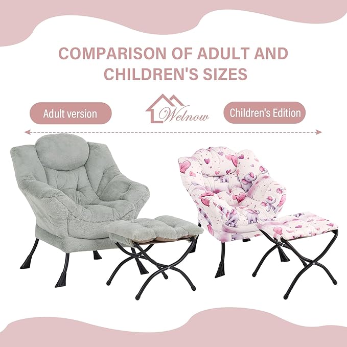 Welnow Toddler Kids Lazy Chair with Ottoman, Glow in The Dark Accent Comfy Lounge Children Armchair Couch with Removable Cover, Detachable Reading Chair with Footrest for Boy or Girl, Pink Elephant - LeafyLoom