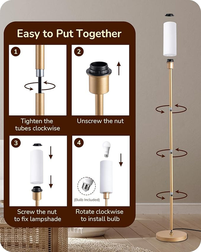 EDISHINE LED Corner Floor Lamp with Glass Lampshade, Modern Dimmable Lamp with Remote, 5 CCT, 65" Tall Standing Light for Living Room, Bedroom, Office, Bulb Included (Gold) - LeafyLoom