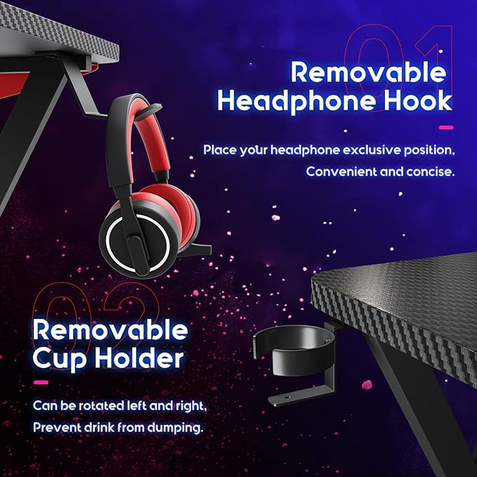 MOTPK L Shaped Gaming Desk with Carbon Fiber Surface, Corner Computer Desk L Shape with Monitor Shelf, Gamer Desk Gaming Table with Cup Holder & Headphone Hook, Black, 51 Inch - LeafyLoom
