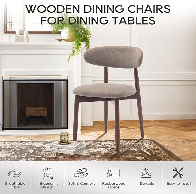 COLAMY Wooden Dining Chairs Set of 6, Modern Fabric Upholstered Kitchen Side Chairs, Farmhouse Dining Room Chair with Foot Pegs, Camel - LeafyLoom