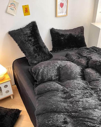 Faux Fur Kids Girls Black Comforter Sets King - 3PC Bed Set Warm Comfortable Soft Plush Flannel Velvet Fluffy Fuzzy Bedding（Comforter x 1 Pillowcases x 2） - LeafyLoom