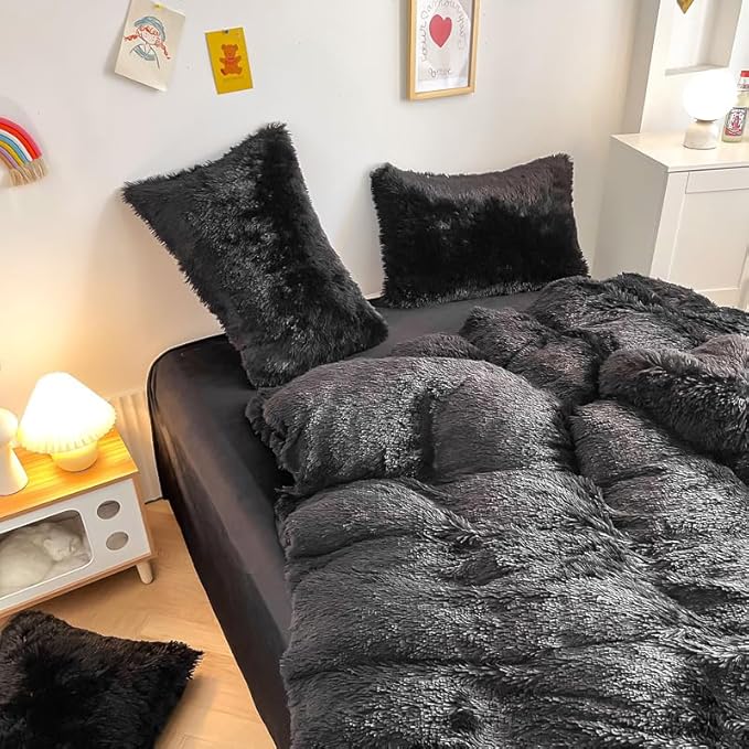 Faux Fur Kids Girls Black Comforter Sets King - 3PC Bed Set Warm Comfortable Soft Plush Flannel Velvet Fluffy Fuzzy Bedding（Comforter x 1 Pillowcases x 2） - LeafyLoom