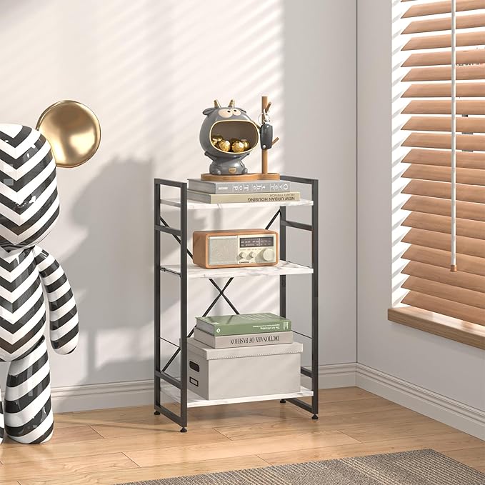 Bookshelf Organizer,3 Tiers Adjustable White Faux Marble Small Bookcase for Small Space,Industrial Wooden Storage Bookcase Display Rack and Storage Organizer for Living Room Home Office - LeafyLoom