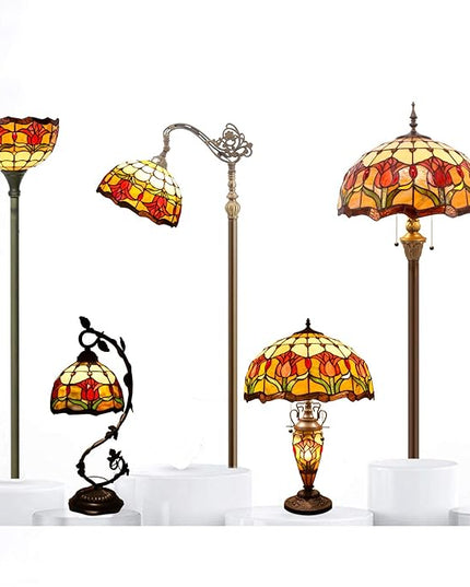 WERFACTORY Tiffany Floor Lamp Red Amber Tulip Flower Stained Glass Standing Reading Light 16X16X64 Inches Antique Pole Corner Lamp Decor Bedroom Living Room Home Office S030 Series - LeafyLoom
