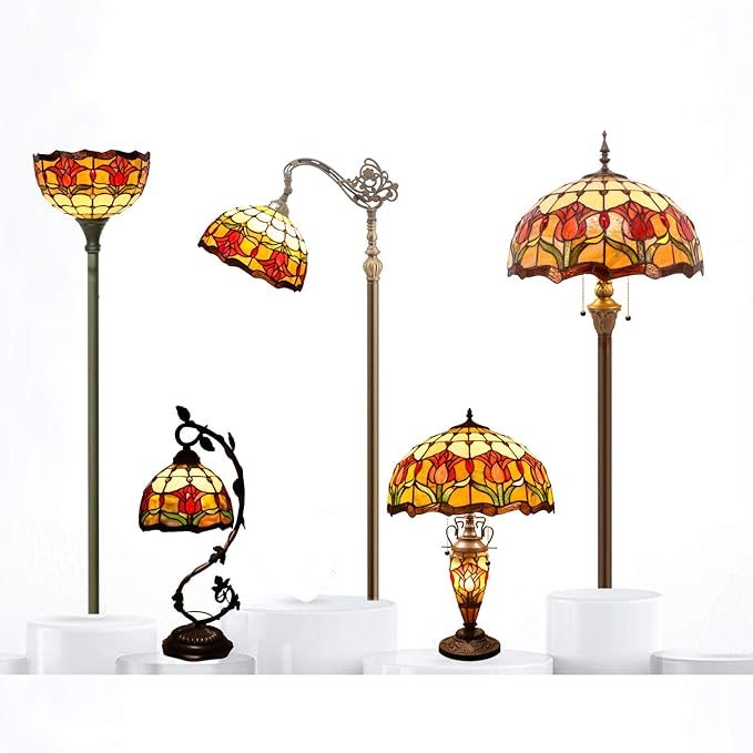 WERFACTORY Tiffany Floor Lamp Red Amber Tulip Flower Stained Glass Standing Reading Light 16X16X64 Inches Antique Pole Corner Lamp Decor Bedroom Living Room Home Office S030 Series - LeafyLoom