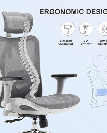 SIHOO M57 Ergonomic Office Chair with 3 Way Armrests Lumbar Support and Adjustable Headrest High Back Tilt Function Light Grey - LeafyLoom