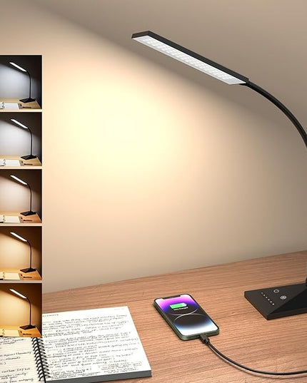 LED Desk Lamp Eye-Caring Table Lamps with USB Charging Port,7 Brightness Levels & 5 Color Modes,Touch Control and Memory Function, Flexible Gooseneck Reading Lamp for Home Office, Black - LeafyLoom