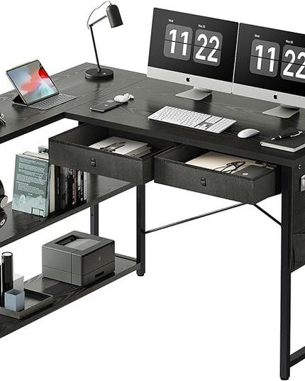 Ｍａｉｈａｉｌ Maihail Home Office Desk with Drawers Shelves, 39 inch Computer Corner Desk for Small Space, Small L Shaped Desk with Side Storage for Bedroom, Black - LeafyLoom