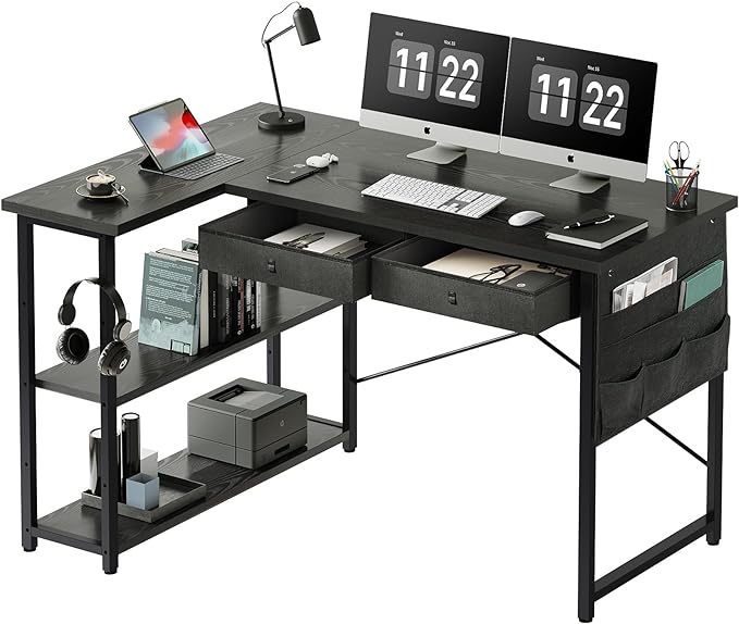 Ｍａｉｈａｉｌ Home Office Desk with Drawers and Shelves, 47” Computer Corner Desk for Small Space, Small L Shaped Desk with Side Storage for Bedroom, Black - LeafyLoom