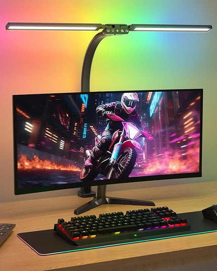 Upgraded LED Desk Lamp for Home Office with RGB, Rotatable Computer Desk Light with Remote, Eye Caring Table Lamp with Clamp for Study, Dimmable Dual Head Desk Lighting for Monitor PC, 22W - LeafyLoom