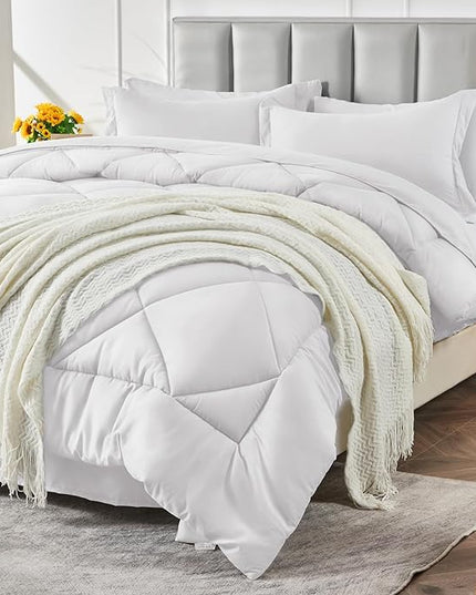 CozyLux Twin Bed in a Bag Comforter Sets with Comforter and Sheets 5-Pieces for Girls and Boys White All Season Bedding Sets with Comforter, Pillow Sham, Flat Sheet, Fitted Sheet and Pillowcase - LeafyLoom