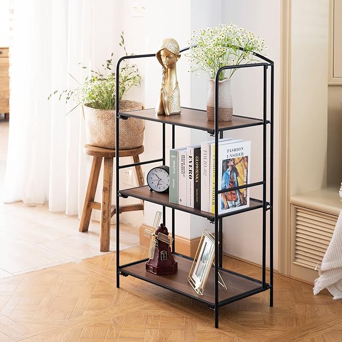 No Assembly Folding Bookshelf, 3 Tier Black Bookshelf, Metal Book Shelf for Storage, Folding Bookcase for Office Organization and Storage, 12.6" D x 22.44" W x 42.13" H - LeafyLoom