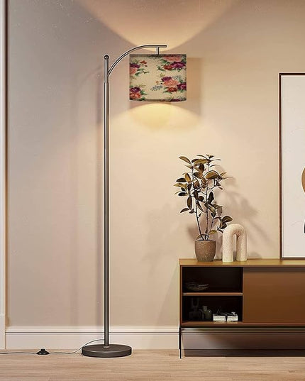 Modern Arc Floor Lamp with Dimmer Mid Century Violet Orange Blue Flowers Green Leaves Bunches White Metal Standing Lamp with Linen Shade Footswitch for Living Room Bedroom Office - LeafyLoom