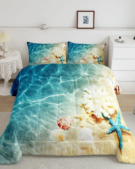 Ocean Comforter Set Twin Beach Bedding Set Coastal Nature Theme Teal Duvet Set Boys Girls Hawaiian Quilt Sets Sea Wave Animals Shell Starfish Reversible Comforter Set 1 Pillowcase, Blue Room Decor - LeafyLoom