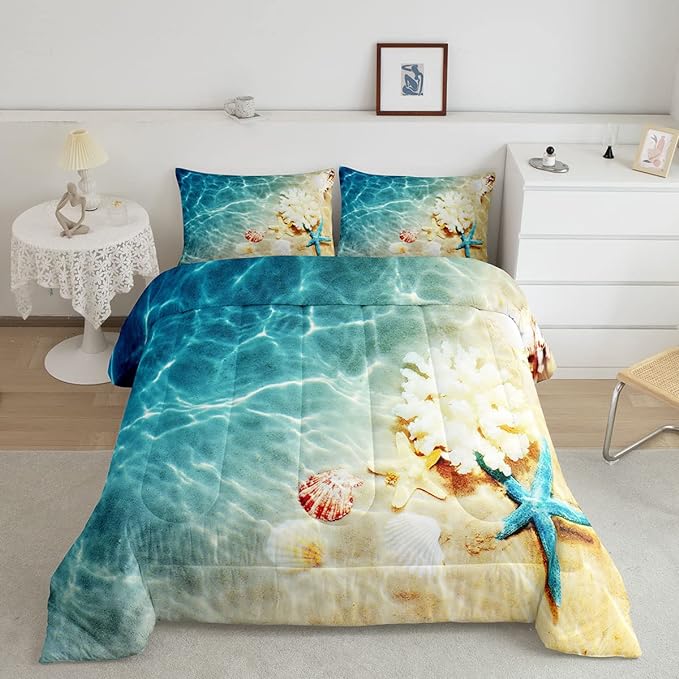 Ocean Comforter Set Twin Beach Bedding Set Coastal Nature Theme Teal Duvet Set Boys Girls Hawaiian Quilt Sets Sea Wave Animals Shell Starfish Reversible Comforter Set 1 Pillowcase, Blue Room Decor - LeafyLoom