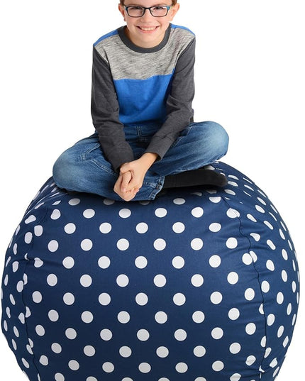 Creative QT Stuff ’n Sit Extra Large 38’’ Bean Bag Storage Cover for Stuffed Animals & Toys, Giant Beanbag Chair for Plush, Toddler & Kids Rooms Bedroom Organizer, Navy Polka Dot - LeafyLoom