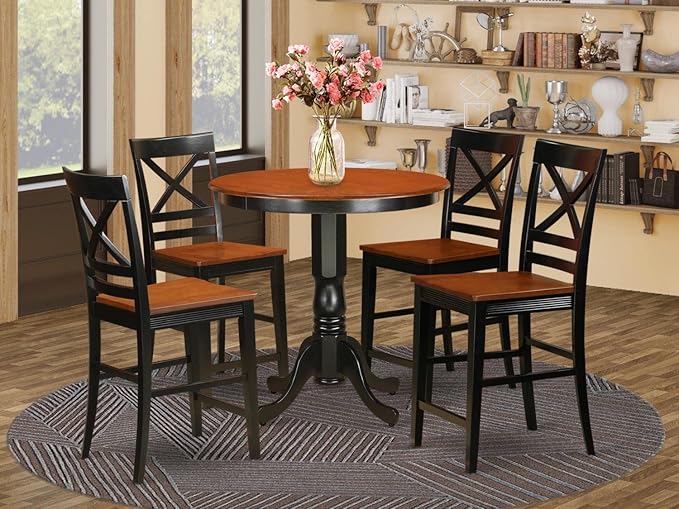 East West Furniture JAQU5-BLK-W 5 Piece Counter Height Dining Table Set Includes a Round Kitchen Table with Pedestal and 4 Dining Room Chairs, 36x36 Inch, Black & Cherry - LeafyLoom