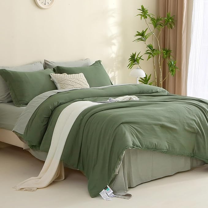 MILDLY King Size Comforter Set 7 Piece Color Clash, Olive Green Bed in a Bag, All Season Bedding Sets with 1 Comforter, 2 Pillow Shams, 2 Pillowcases, 1 Flat Sheet, 1 Fitted Sheet - LeafyLoom