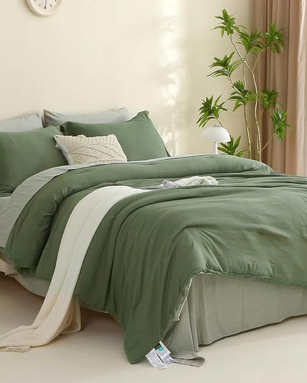 MILDLY California King Size Comforter Set 7 Piece Color Clash, Olive Green Bed in a Bag, All Season Bedding Sets with 1 Comforter, 2 Pillow Shams, 2 Pillowcases, 1 Flat Sheet, 1 Fitted Sheet - LeafyLoom