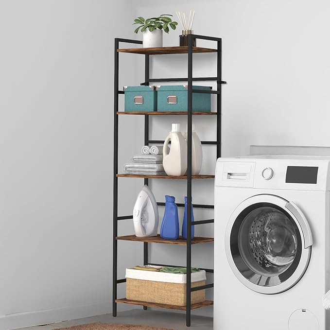 CADUKE 5 Tier Industrial Bookshelf Tall Bookcase with Storage Book Shelf Stand Wood and Metal Book Shelves for Office Brown Bookcase Shelf for Bedroom Kids Room - LeafyLoom