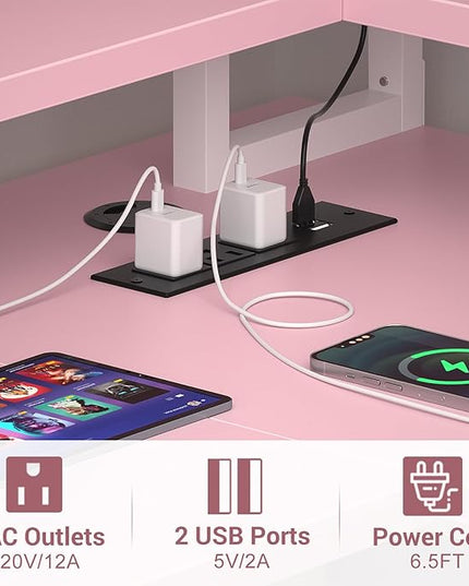 armocity L Shaped Computer Desk with Power Outlets, Gaming Desk L Shaped with LED Lights, Corner Desk with Storage Shelves, Work Study Desk for Bedroom, Home Office Small Spaces, 47'', Pink - LeafyLoom