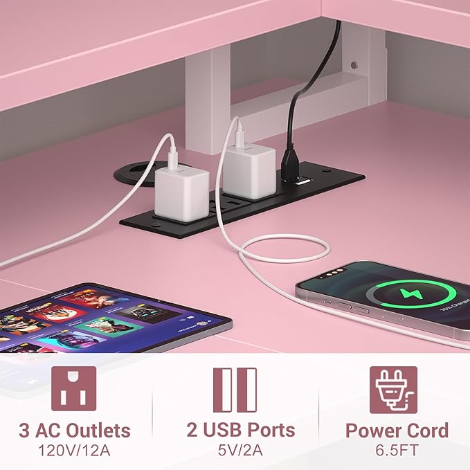 armocity L Shaped Computer Desk with Power Outlets, Gaming Desk L Shaped with LED Lights, Corner Desk with Storage Shelves, Work Study Desk for Bedroom, Home Office Small Spaces, 47'', Pink - LeafyLoom