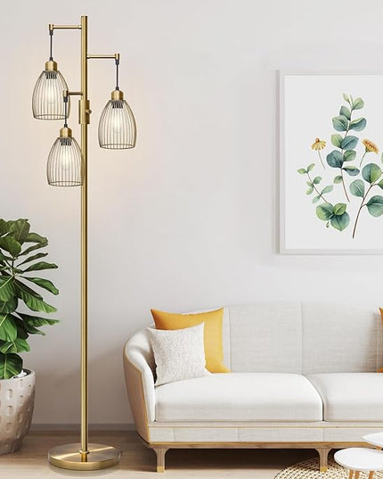 Dimmable Floor Lamp, Industrial Floor Lamps for Living Room, Antique Brass Tree Lamp Standing Lamp Tall Lamps with 3 Elegant Teardrop Cage Head & 800 Lumens LED Bulbs for Living Room Bedroom Office - LeafyLoom