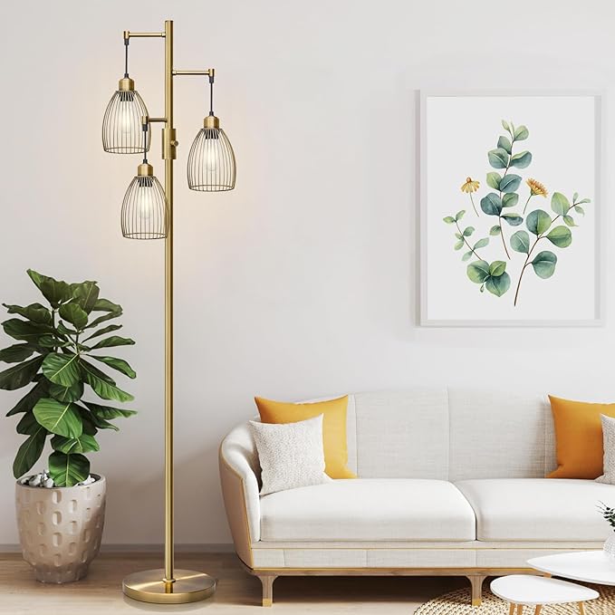 Dimmable Floor Lamp, Industrial Floor Lamps for Living Room, Antique Brass Tree Lamp Standing Lamp Tall Lamps with 3 Elegant Teardrop Cage Head & 800 Lumens LED Bulbs for Living Room Bedroom Office - LeafyLoom
