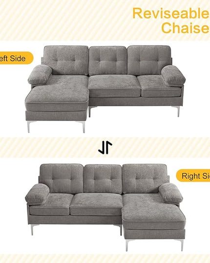 COHOME Convertible Sectional Sofa, 82-inch Modern Chenille L-Shaped Couch with Reversible Chaise Lounge,3-Seat Apartment Couch for Living Room with Washable Cover,Grey - LeafyLoom