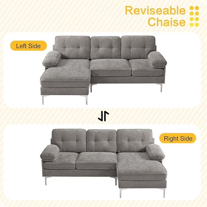 COHOME Convertible Sectional Sofa, 82-inch Modern Chenille L-Shaped Couch with Reversible Chaise Lounge,3-Seat Apartment Couch for Living Room with Washable Cover,Grey - LeafyLoom