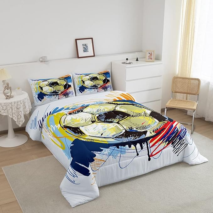 Erosebridal Soccer Twin Comforter Set for Boys Soccer Bedding Set Kids Sports Football Down Comforter for Girls Teen Room Decor Colorful Hip Hop Graffiti Quilt Duvet Insert 1 Pillow Case - LeafyLoom