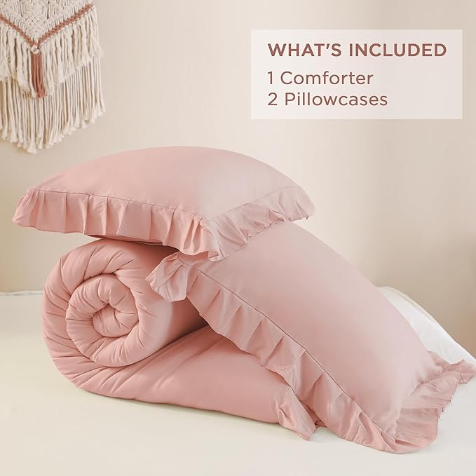 Andency Blush Pink Ruffle Comforter Queen, 3 Pieces Rustic Farmhouse Shabby Chic Comforter, All Season Soft Microfiber Down Alternative Bedding Comforter Set - LeafyLoom