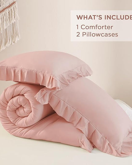 Andency Blush Pink Ruffle Comforter Full, 3 Pieces Rustic Farmhouse Shabby Chic Comforter Set, Vintage Lightweight Soft Microfiber Down Alternative Bedding Comforter Set - LeafyLoom